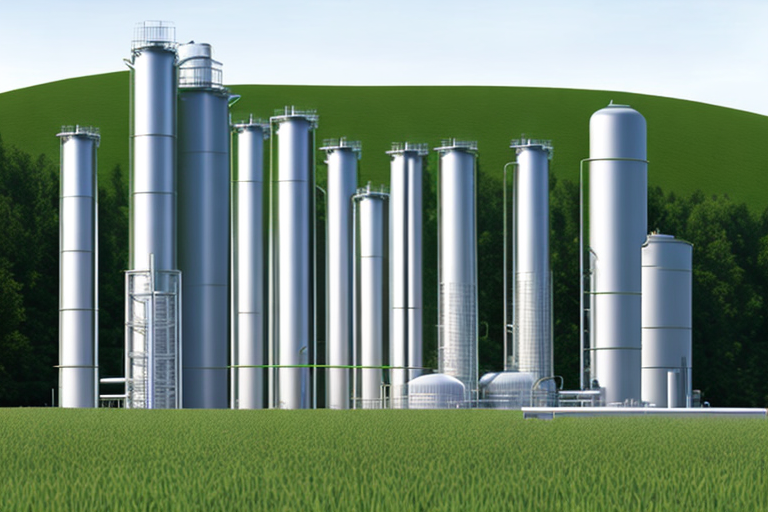 Moderne Bioenergieanlage mit silbernen Speichertanks und gruene Felder im Hintergrund, Betonung auf nachhaltige und umweltfreundliche Biogasenergie. Moderne Bioenergieanlage mit silbernen Speichertanks und gruene Felder im Hintergrund, Betonung auf nachhaltige und umweltfreundliche Biogasenergie.