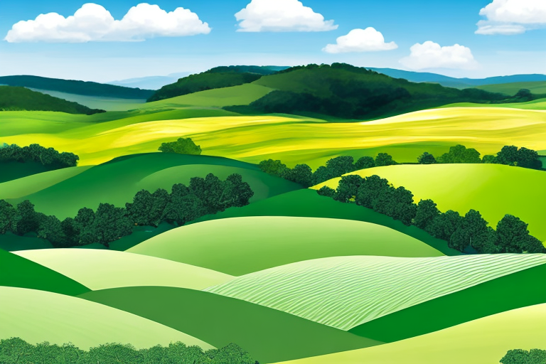 gruene Wiese und blauer Himmel, nachhaltige Bio Gas Energie, erneuerbare Naturquelle, rollende Huegel gruene Wiese und blauer Himmel, nachhaltige Bio Gas Energie, erneuerbare Naturquelle, rollende Huegel