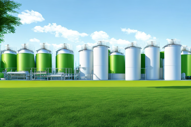 bio gas anlage unter klarem blauem himmel mit grossen speichertanks und gruener umgebung, nachhaltigkeit betont