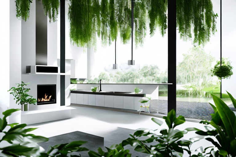 Moderne Kueche mit Edelstahl-Gasherd, umgeben von gruener oekofreundlicher Deko, betont nachhaltige und effiziente Gas-Bioenergie-Nutzung.