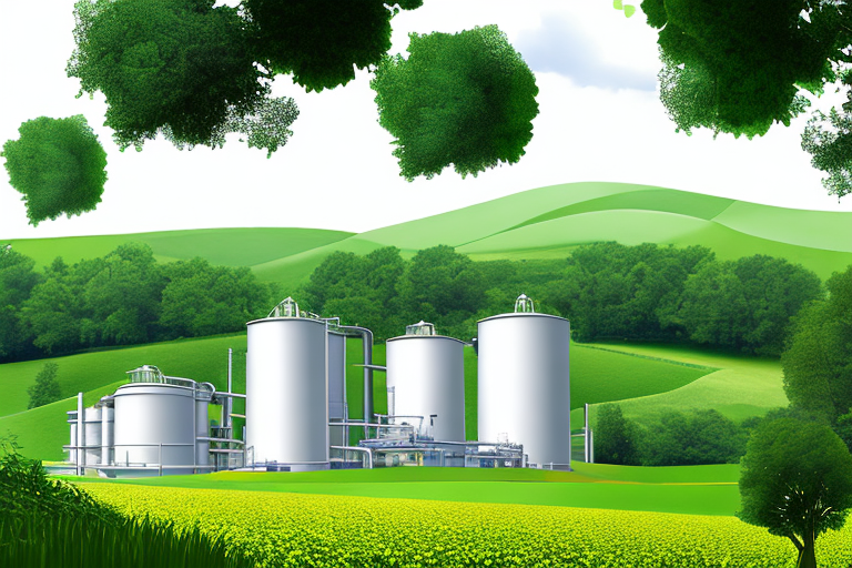 Hochaufloesendes Bild von gruenen Feldern mit Biogasanlage im Hintergrund, nachhaltige Biogasproduktion.