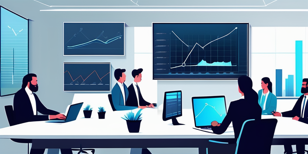 Modernes Buero mit Fachleuten, die bei einer Strategiebesprechung komplexe Finanzdaten analysieren, dargestellt auf Diagrammen und digitalen Geraeten.