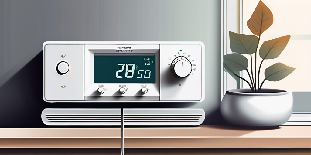 Nahaufnahme eines Thermostats vor dem Hintergrund eines gemuetlichen, modernen Wohnzimmers, betont Energieeinsparung und Kostensenkung im Haus.