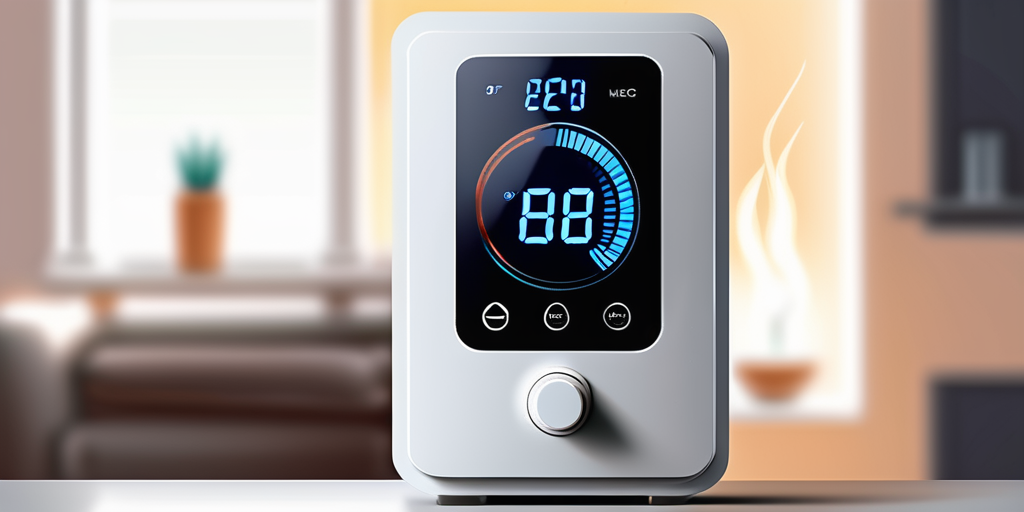Digitaler Thermostat in modernem Heim mit effizienter Heizung und Energieverbrauch, unscharfer Hintergrund mit gemuetlicher, warmer Beleuchtung.
