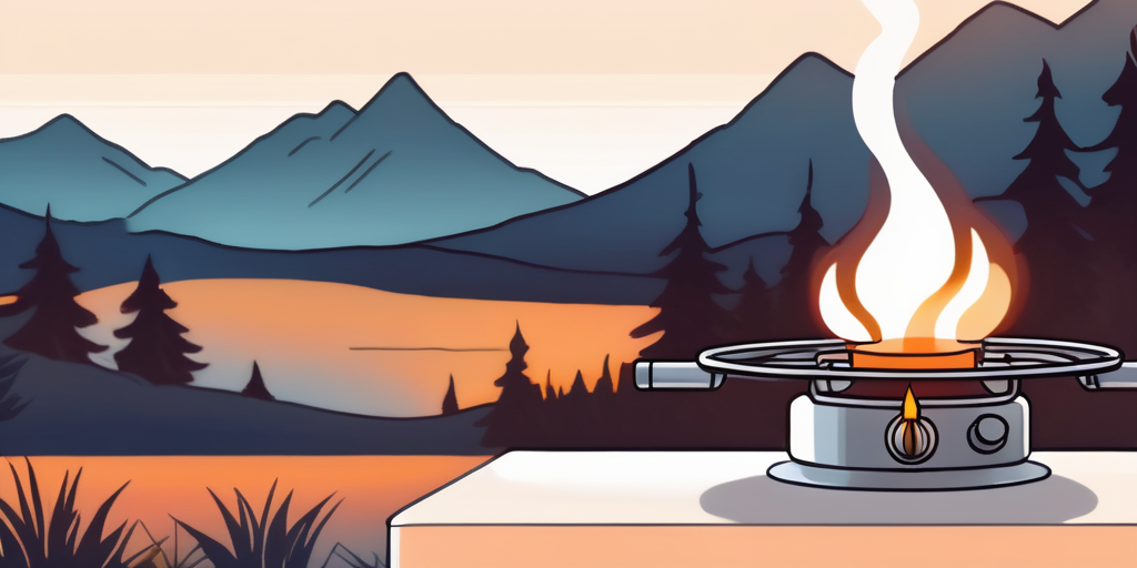 Leuchtender Gasbrenner symbolisiert Energie mit ruhiger Landschaft im Hintergrund, harmonische Umgebung durch Wahl des richtigen Gasanbieters.