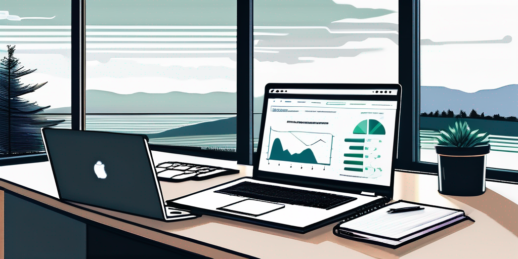 Moderner Home-Office-Arbeitsplatz mit Laptop auf Vergleichsportal fuer Versorger, Unterlagen und Taschenrechner zur Planung des Gasanbieterwechsels, mit Blick auf ein gepflegtes Zuhause im Hintergrund.