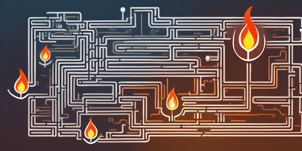 Labyrinth zur Darstellung komplexer Gasanbieterwechsel, hervorgehobene Pfade fuer haeufige Fehler, Symbole wie Flammen und Messgeraete zur Illustration von Energiethemen.