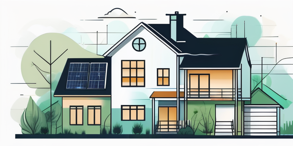 Wohnhaeuser mit Symbolen fuer Energie und nachhaltige Ressourcen, die den Uebergang zu umweltfreundlichen und kosteneffizienten Gasoptionen darstellen.