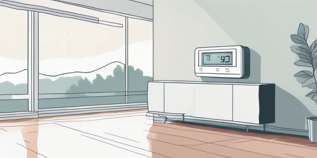 Modernes Thermostat an der Wand in einem ruhigen Zuhause, energieeffiziente Geraete im Hintergrund, Thema Gasanbieterwechsel. Modernes Thermostat an der Wand in einem ruhigen Zuhause, energieeffiziente Geraete im Hintergrund, Thema Gasanbieterwechsel.