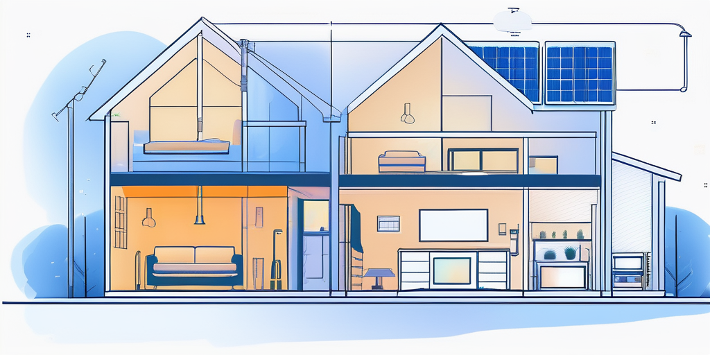 Energiesparendes Haus mit Isolierungsmethoden und modernen Heiztechnologien zur Reduzierung von Gaskosten, inklusive moderner Fenster, Waermedaemmung und intelligenten Thermostaten.