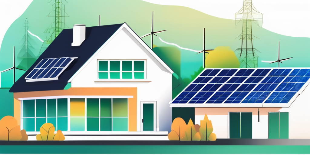 Modernes, energieeffizientes Haus mit Solarpanelen auf dem Dach neben traditionellem Haus, zeigt Einsparpotenziale beim Wechsel des Gasanbieters, mit klaren, hellen Bildern zur Betonung von Energieverbrauch und Nachhaltigkeit.