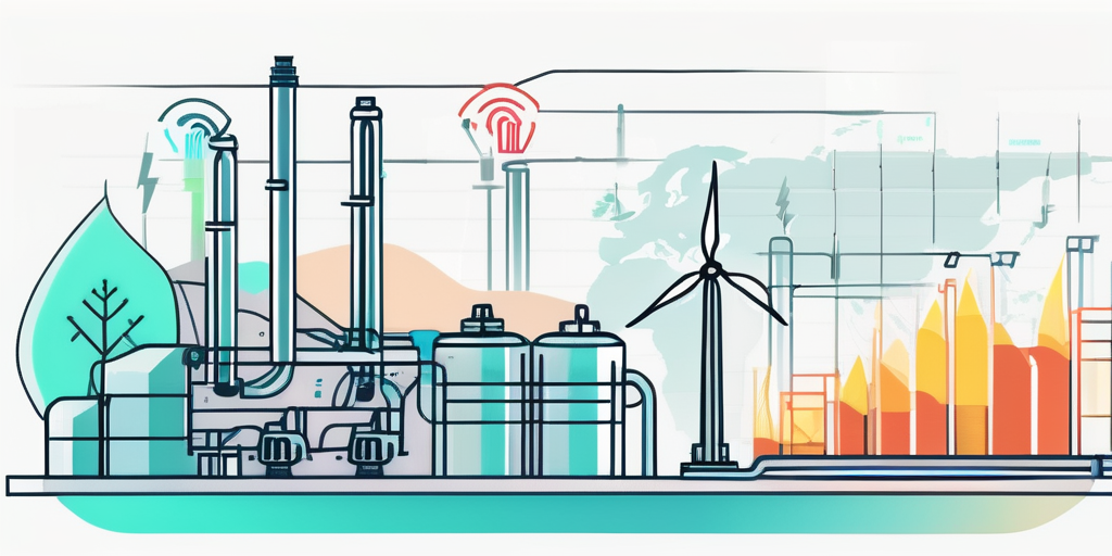 Moderne Analysewerkzeuge und Diagramme zur Darstellung von Gasverbrauchsmustern, umgeben von Symbolen fuer nachhaltige Energie, betonen Effizienz in der Ressourcenverwaltung.