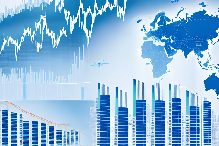 Aktienmarkt-Schwankungen und volatile Gaspreise vor Oelplattformen und Pipelines der Energiebranche.
