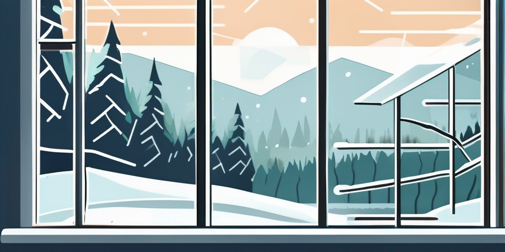 Nahaufnahme eines Thermostats zu Hause neben einem Fenster mit winterlicher Szene draussen, betont Energieverbrauch und Kostenmanagement.