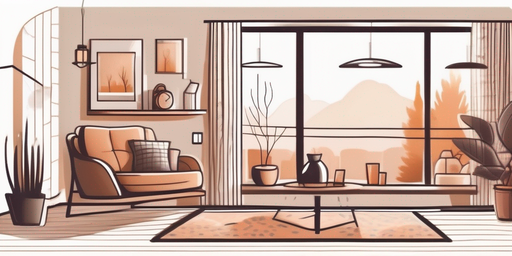 Energiesparende Geraete im Haushalt wie Smart-Thermostate und LED-Gluehbirnen in einem gemuetlichen, gut beleuchteten Wohnzimmer, das Effizienz und Komfort betont.