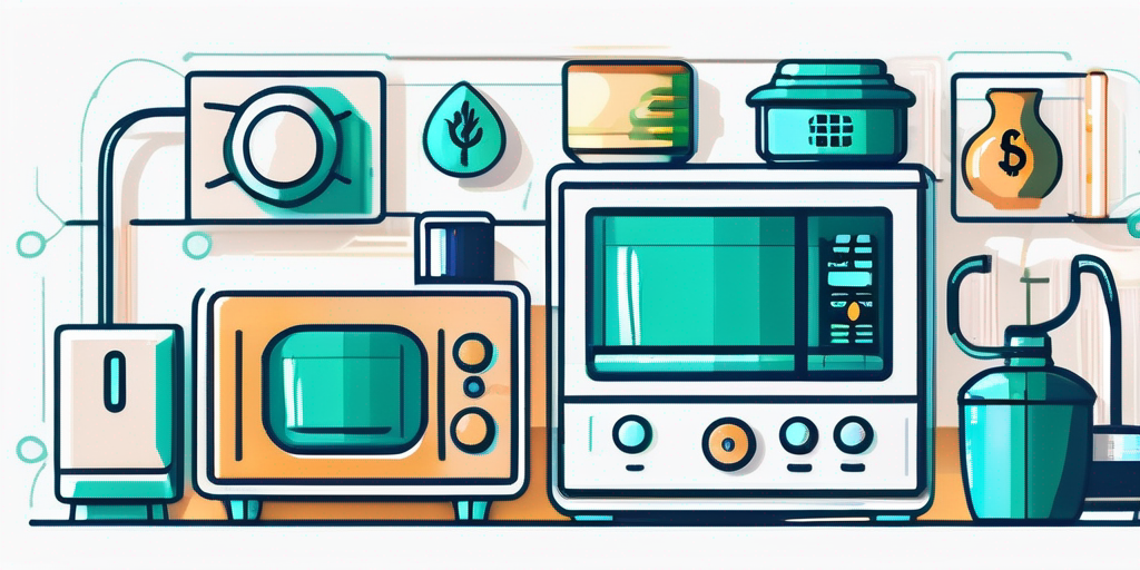 Energiesparende Haushaltsgeraete und ein intelligenter Thermostat vor einem Hintergrund mit Symbolen fuer Geldersparnis und Effizienz zur Darstellung der Reduzierung von Nebenkosten.