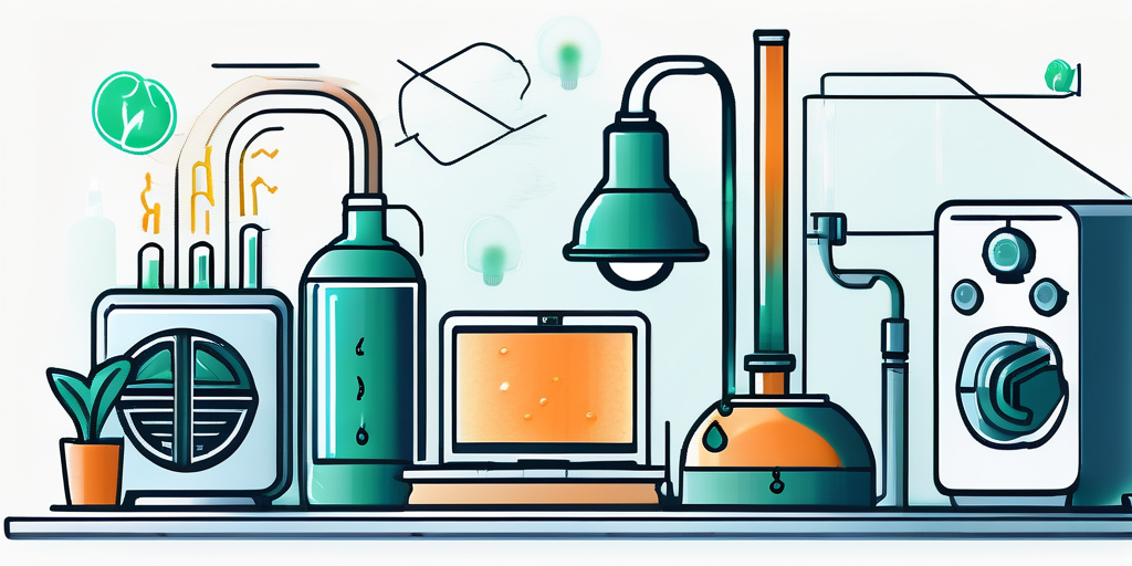 Sammlung von Energiespargeräten und umweltfreundlichen Loesungen auf einem Tisch zur Reduzierung von Gaszuschlaegen und Verbesserung der Haushaltsfuehrung.