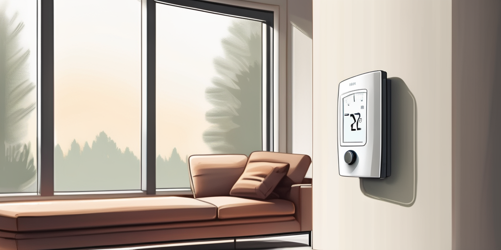 Moderner Thermostat an einer Wand zeigt aktuelle Raumtemperatur, neben einem gemuetlich beleuchteten Wohnzimmer, symbolisiert Energieeffizienz und Kosteneinsparung.