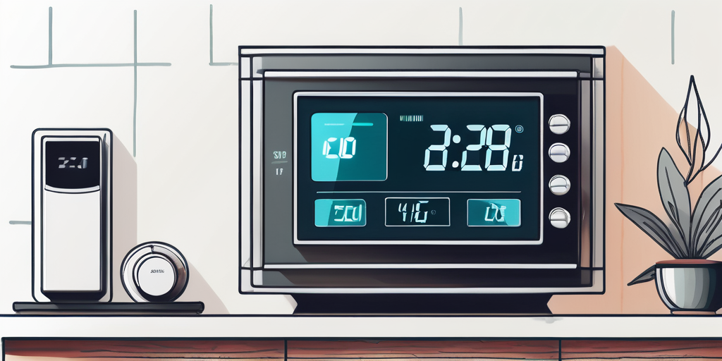 Moderner Thermostat mit energiesparender Einstellung in einem gemuetlichen, gut isolierten Wohnzimmer, neben Anzeige von Gasrechnungen mit Kosteneinsparungen.