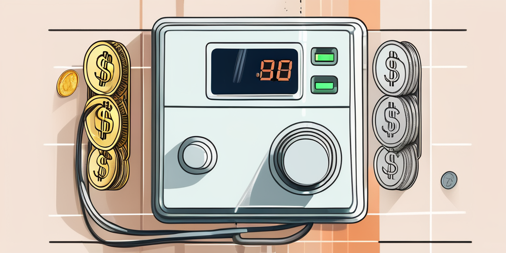 Moderner Thermostat an einer Wand zeigt aktuellen Energieverbrauch neben einem transparenten Sparschwein voller Muenzen, symbolisiert effiziente Gasersparnis.