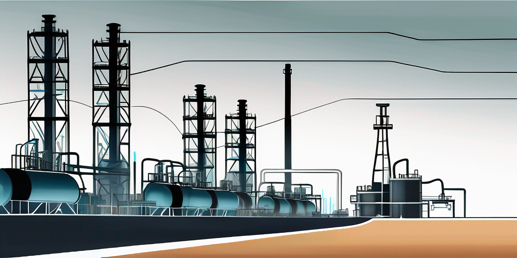 Darstellung der Erdgasproduktion und -verteilung mit Rohrleitungen und Industrieanlagen vor einem dynamischen wirtschaftlichen Hintergrund, ohne sichtbare Personen Darstellung der Erdgasproduktion und -verteilung mit Rohrleitungen und Industrieanlagen vor einem dynamischen wirtschaftlichen Hintergrund, ohne sichtbare Personen