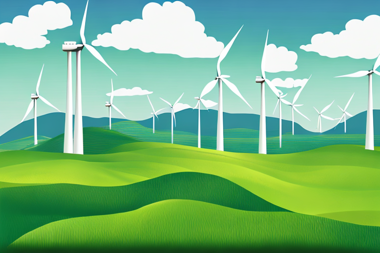 gruene Landschaft mit Windkraftanlagen und Biogasanlage symbolisiert erneuerbare Energie und Umweltfreundlichkeit