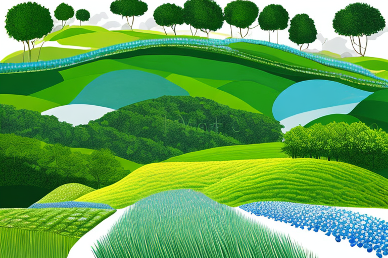 Gruenes Feld unter blauem Himmel, nachhaltige oekofreundliche Landwirtschaft, Bio Gas Produktion.