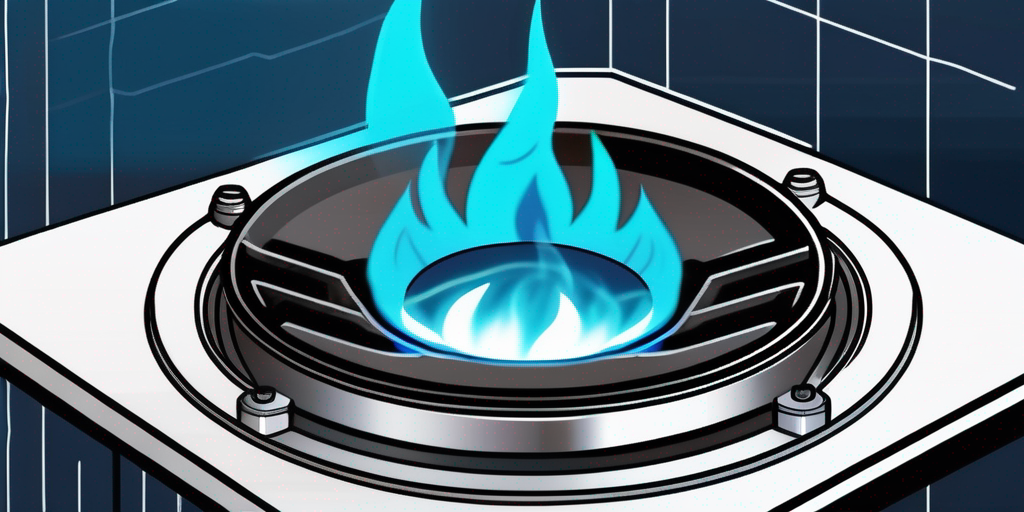 Nahaufnahme eines Gasherd-Brenners mit blauer Flamme neben einem Diagramm der Energiekosten-Trends.