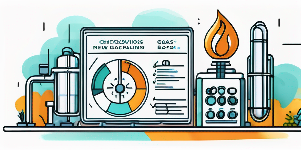 Gasenergie und Entscheidungshilfen wie Checklisten und Fragezeichen, symbolisiert in einem klaren und informativen Bild, ideal fuer die Auswahl eines neuen Gasanbieters.