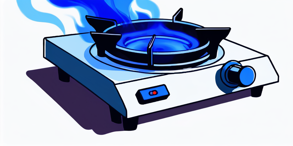 Nahaufnahme eines Gasherd-Brenners mit blauer Flamme als Symbol fuer Energieverbrauch vor unscharfem Kuechenhintergrund.