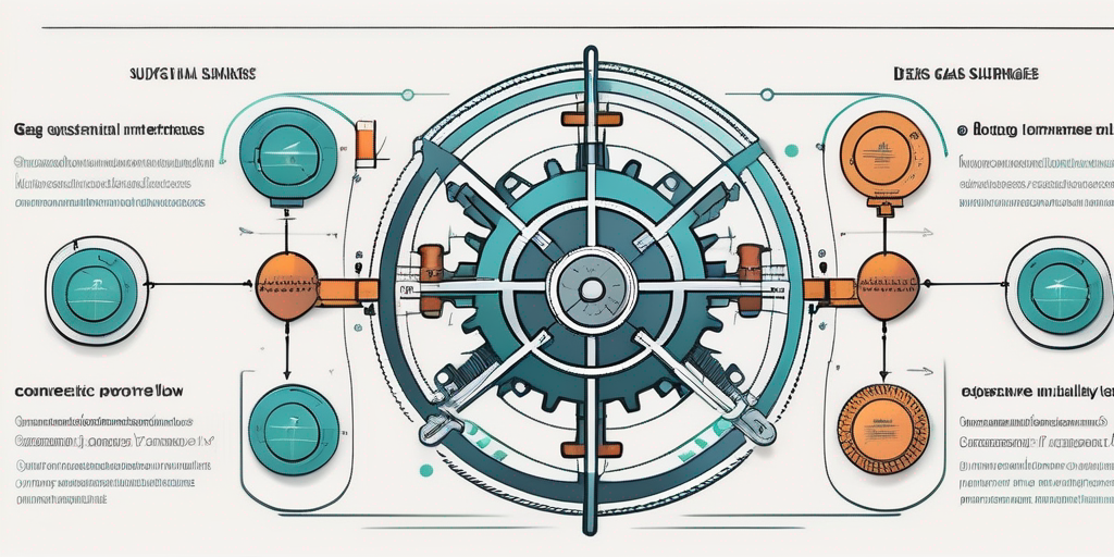 Professionelles Diagramm zeigt Strategien und Methoden zur effektiven Reduzierung von Gaskostenzuschlaegen mit vernetzten Zahnraedern und Pfeilen, die systematische Prozesse und Finanzfluesse darstellen.