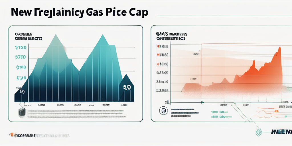 Diagramm zur Darstellung der neuen Gaspreisobergrenze mit Trends und Zahlen, ergaenzt durch Infografiken zur Erklaerung der Regelungsmechanismen, Symbole und Pfeile zeigen die Auswirkungen auf Wirtschaft und Verbraucher.