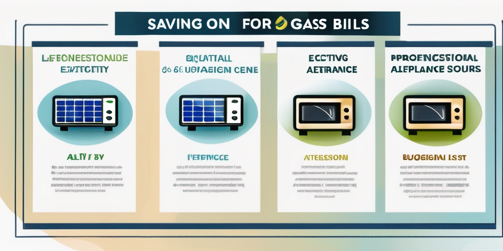 Infografik mit drei Schritten zur Einsparung bei Gasrechnungen, Symbole fuer Budgetierung, effiziente Geraeteverwendung und alternative Energiequellen, professioneller Hintergrund.