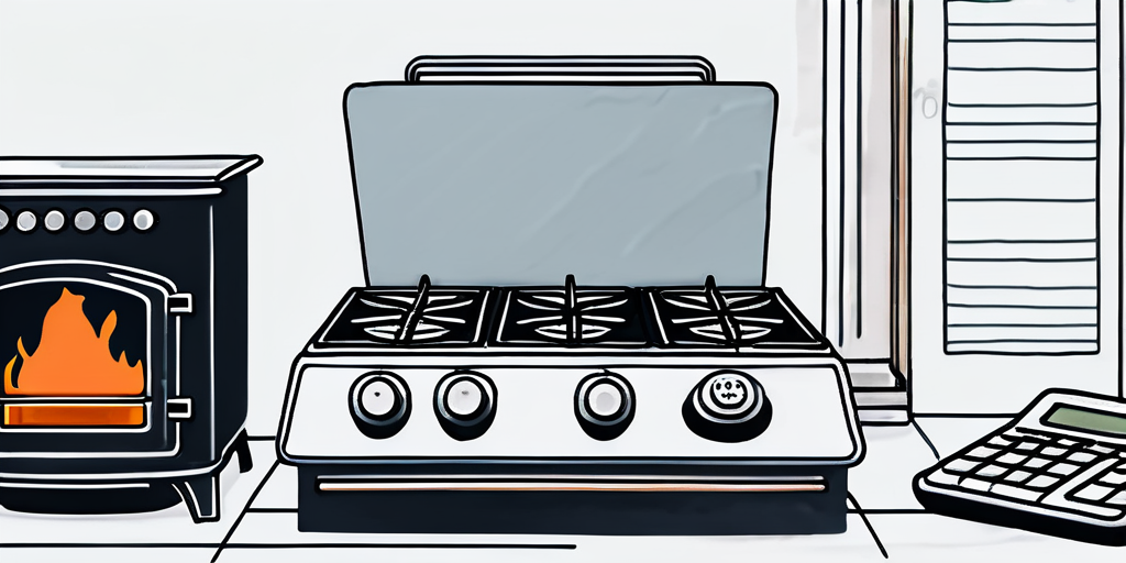 Verschiedene Gasgeraete wie Herd und Heizung neben einem Rechner und Vertragsdokumenten zur Optimierung eines Gasvertrags.