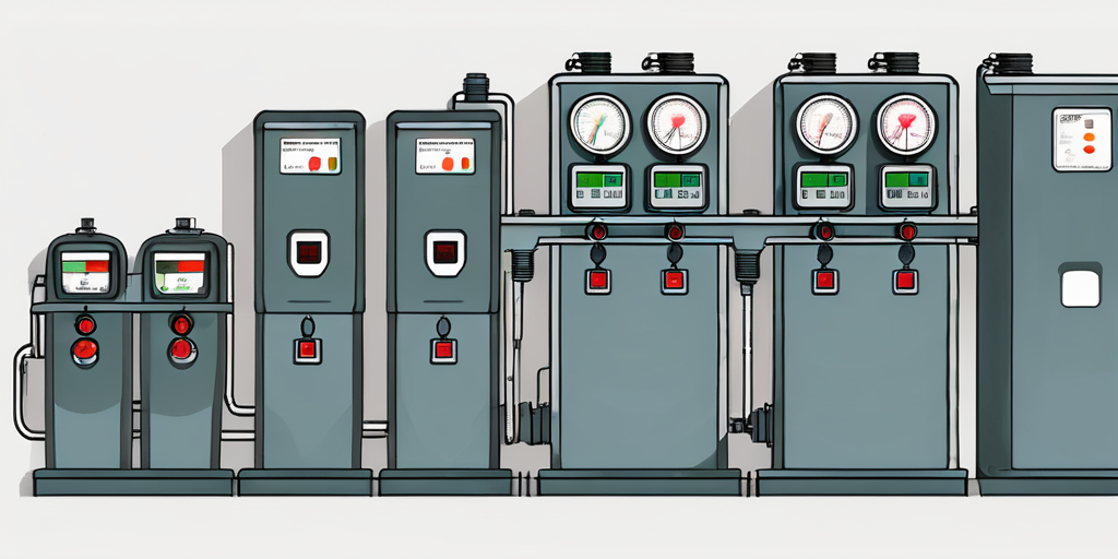 Moderne Gaszaehler in einem ordentlichen Technikraum, zeigen Gasverbrauch und Wartungsbedarf durch farbige Anzeigen.