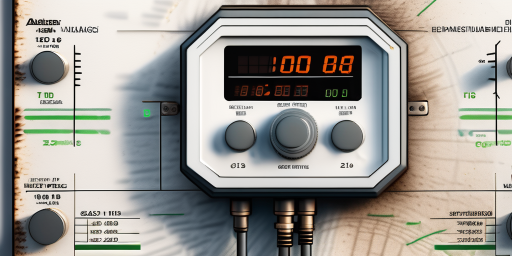 Nahaufnahme eines modernen Gaszaehlers an einer strukturierten Wand, zeigt Zifferblaetter und Messindikatoren, dazu Diagramme und Grafiken zu Gaspreisen auf einem digitalen Geraet.