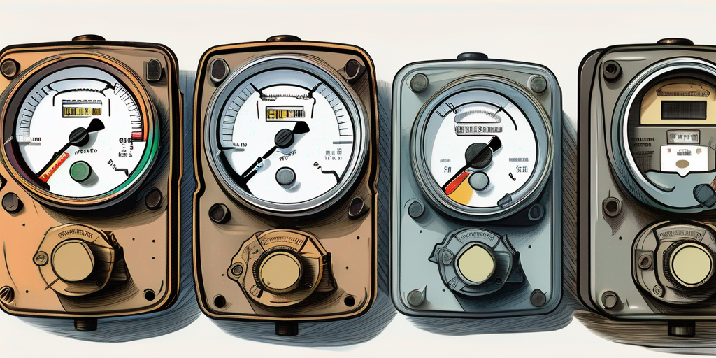 Nahaufnahme verschiedener Gastzaehler und Einstellknoepfe, betont mechanische Details fuer Qualitaet und Kundenauswahl, verschiedene Modelle und Marken.