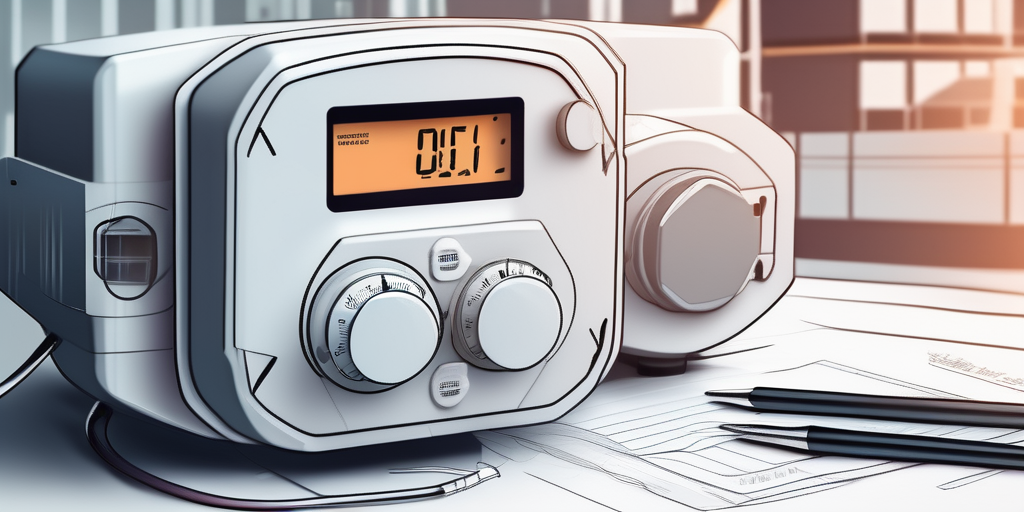 Nahaufnahme eines modernen Gaszaehlers an Wohnhausleitungen mit digitalem Rechner und Finanzdokumenten zur Darstellung effizienter Energienutzung und Kosteneinsparung.