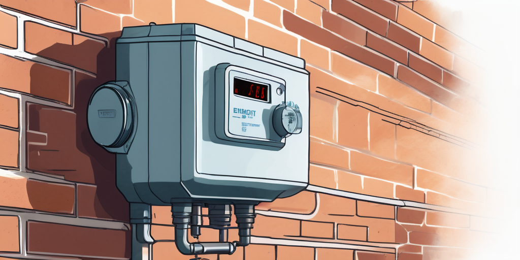 Moderne Erdgasmessanlage an einer Wohnhaus-Ziegelwand, zur Ueberwachung von Energieversorgung und -verbrauch mit klaren Anzeigen und verschiedenen Steuerknoepfen.