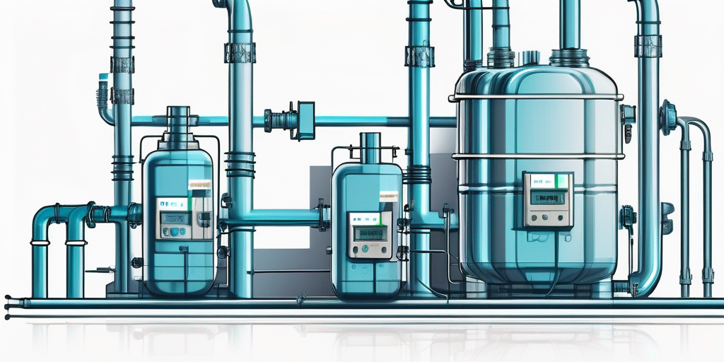Nahaufnahme moderner Gaszaehler und verschiedener Gasleitungen, die komplexe Verbesserungen in der Gasversorgung darstellen.