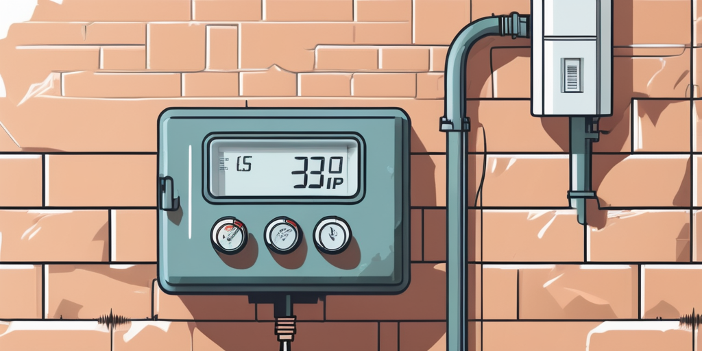 Nahaufnahme eines Gaszaehlers an einer Backsteinwand, umgeben von klaren, minimalistischen Symbolen fuer Kosten und Einsparungen. Nahaufnahme eines Gaszaehlers an einer Backsteinwand, umgeben von klaren, minimalistischen Symbolen fuer Kosten und Einsparungen.