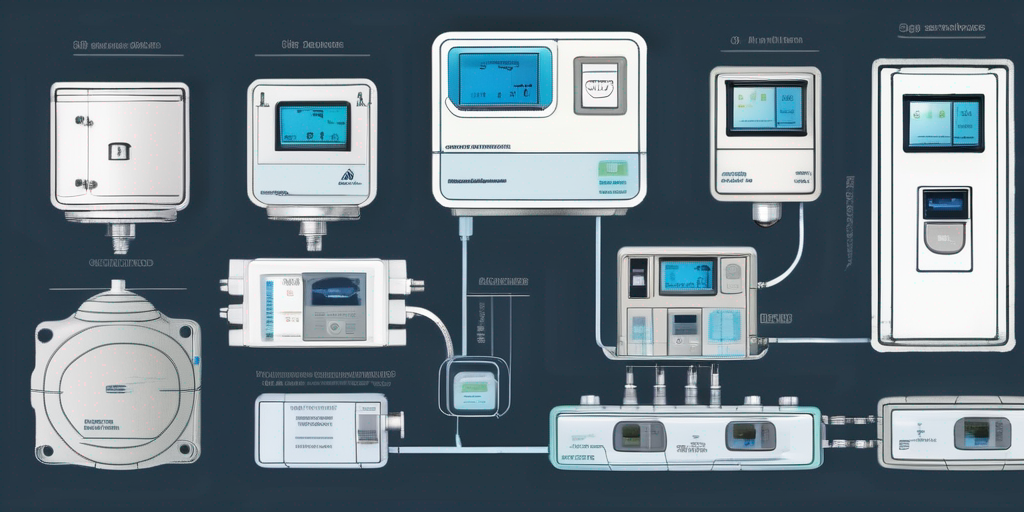 Moderne Gaszaehler und Smart-Home-Technologie-Schnittstellen, die effiziente Serviceleistungen fuehrender Gasanbieter darstellen, fokussiert auf Mess- und Steuergeraete fuer Gasverbrauch in Haushalten oder Unternehmen.