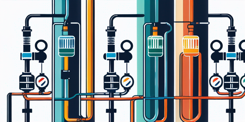 Verschiedene Gasmesser und Rohrleitungen zur Auswahl des Gasanbieters mit bunten Verbindungslinien zur Darstellung der Netzwerkanbindung.