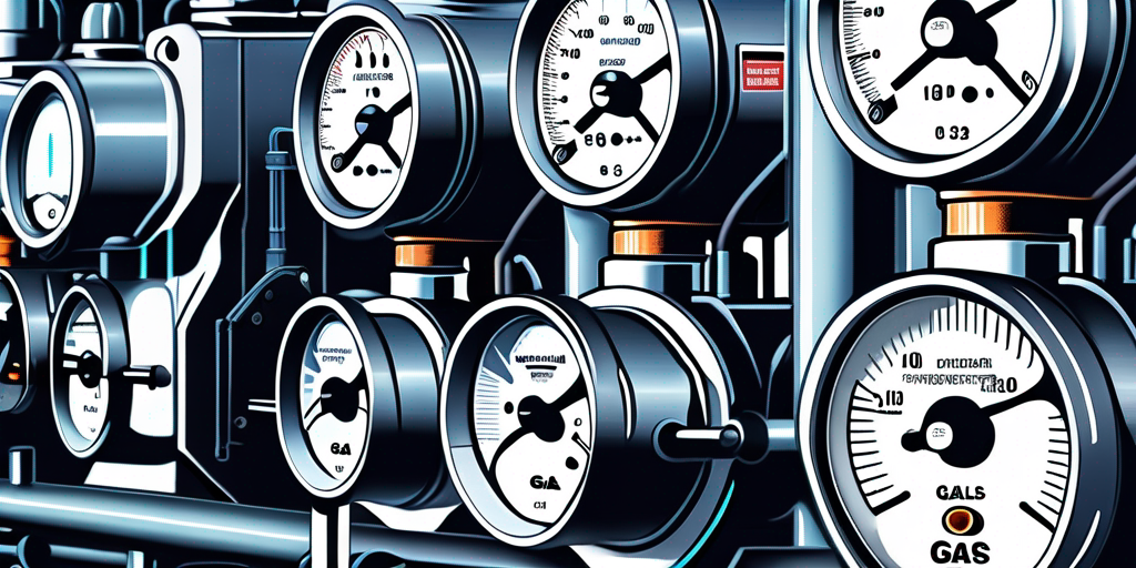 Nahaufnahme verschiedener Gaszaehler und Druckmesser in industrieller Umgebung, zeigt Details und Komponenten der Gasversorgungssysteme.