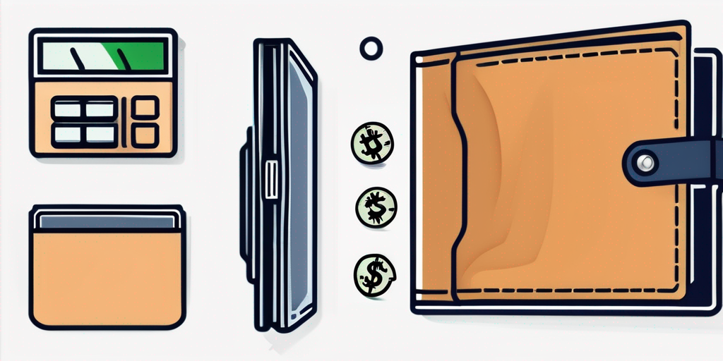 Geldboerse mit verschiedenen Geldscheinen fuer erhoehte finanzielle Ersparnisse neben Symbolen fuer Energie- und Ressourcensparen wie Thermostat und kleines Haus.