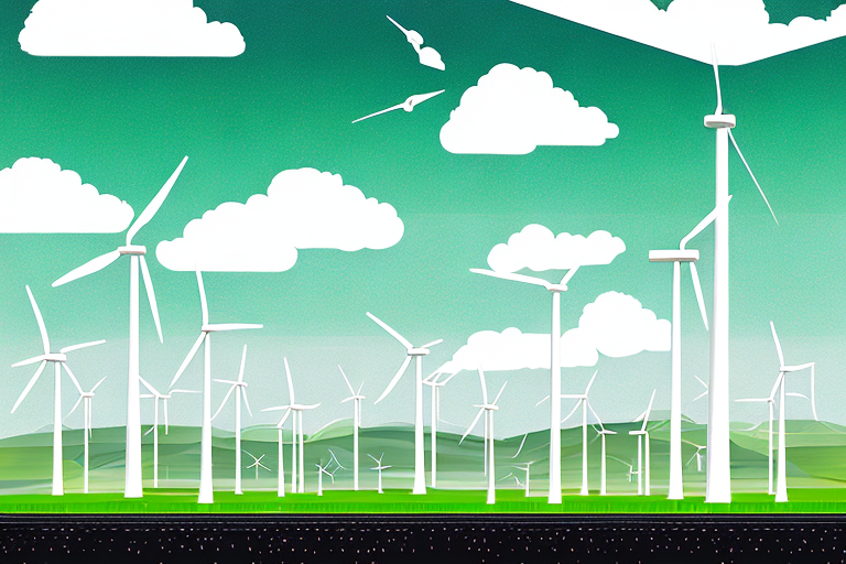 gruene energie landschaft mit biogas anlage, windkraftanlagen und solarpanels unter klarem himmel, nachhaltige energieloesungen