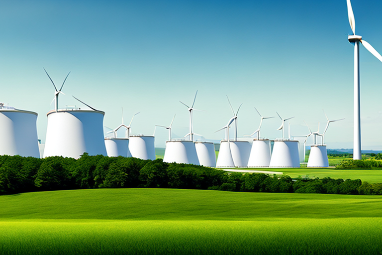 Landschaft mit Biogasanlage und Windkraftanlagen, nachhaltige Energieloesungen.