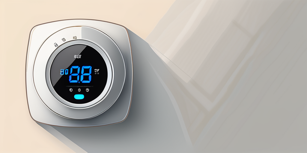 Thermostat vor neutralem Hintergrund fuer Energiemanagement im Haushalt und unscharfe Darstellung einer Gasflamme zum Thema Gaspreise.