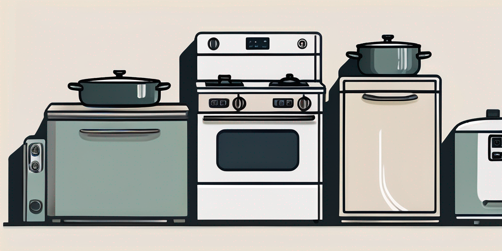 Haushaltsgeraete wie Gasherd und Heizsystem, verbunden mit Gasversorgung, vor neutralem Hintergrund Haushaltsgeraete wie Gasherd und Heizsystem, verbunden mit Gasversorgung, vor neutralem Hintergrund