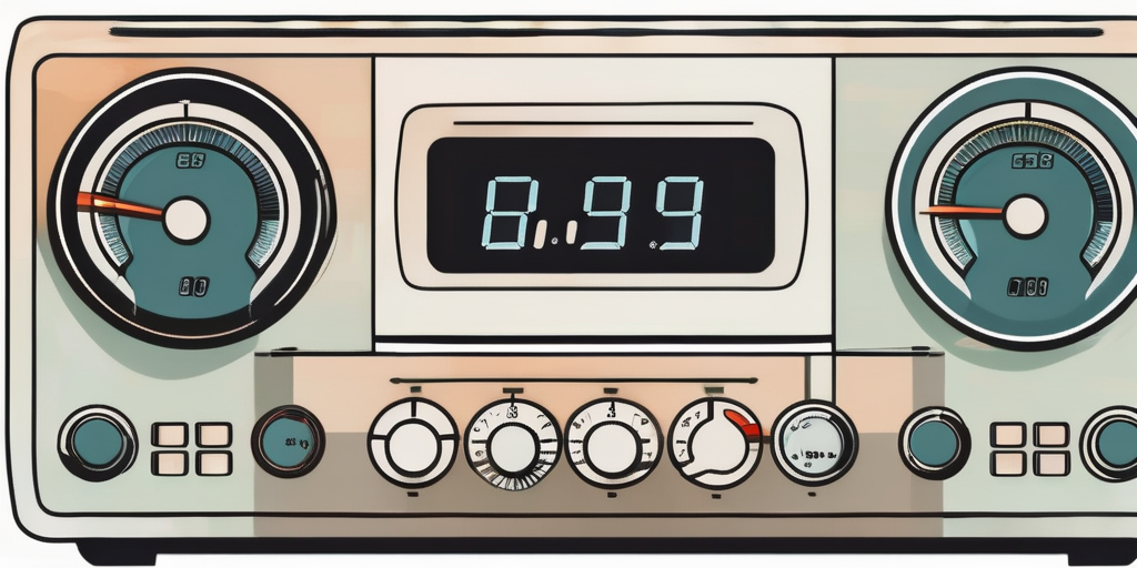 Heizgeraet fuer den Haushalt mit verschiedenen Ziffernblaettern und Anzeigen fuer den Erdgasverbrauch, umgeben von einer gedeckten Farbpalette, die Kosteneffizienz und Energieverbrauch symbolisiert.